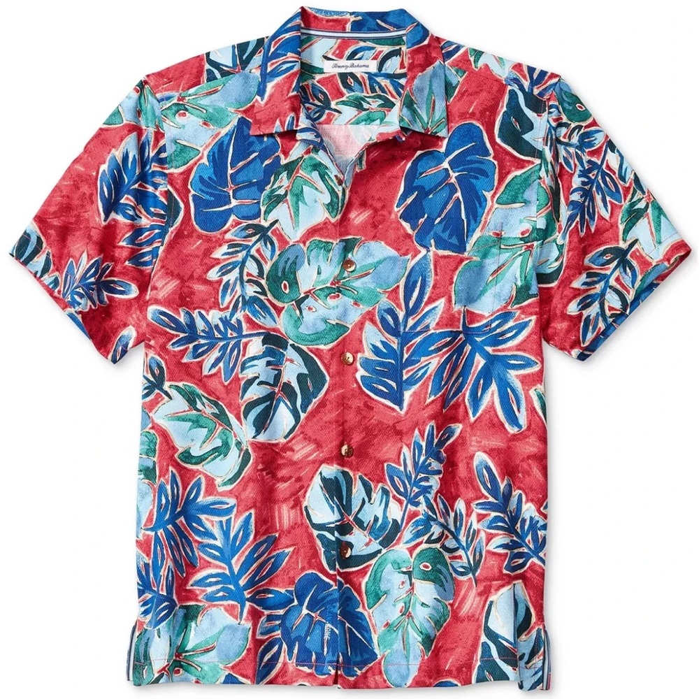 Tommy Bahama Red Hawaiian Tropical Leaf Silk Camp Shirt